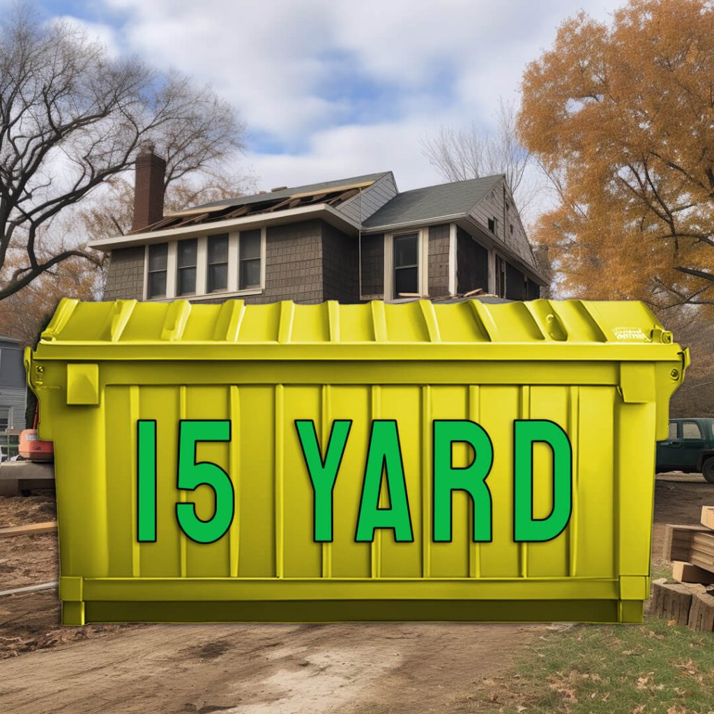 A 15-yard bright yellow dumpster from Cut Rite, with '15 YARD' in bold green letters, situated in a driveway with a house and autumn trees in the background, ready for mid-sized disposal needs.