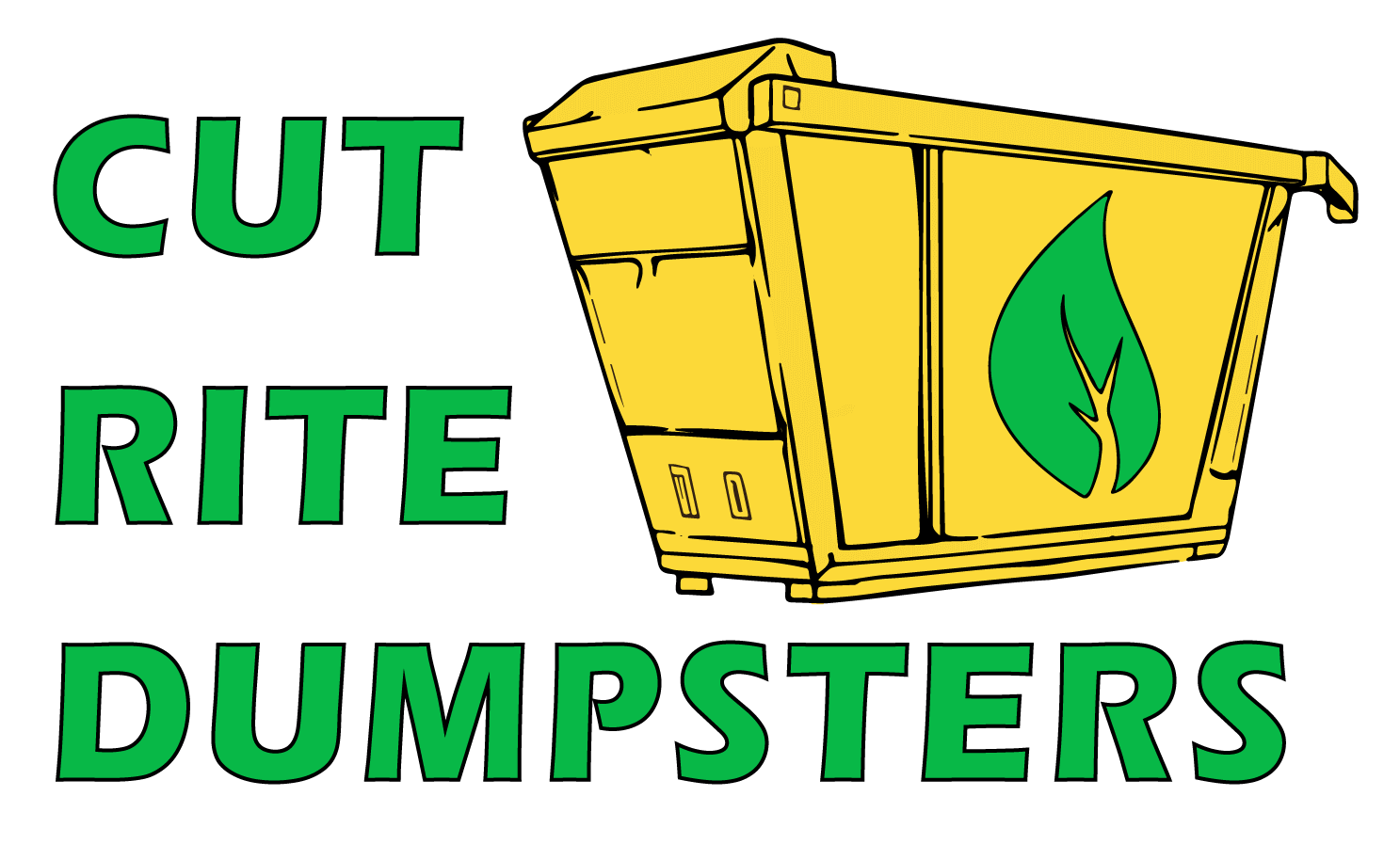 Logo of Cut Rite Dumpsters on a black background, featuring the company name in green uppercase letters above a stylized yellow dumpster with a green leaf design, symbolizing eco-friendly waste services