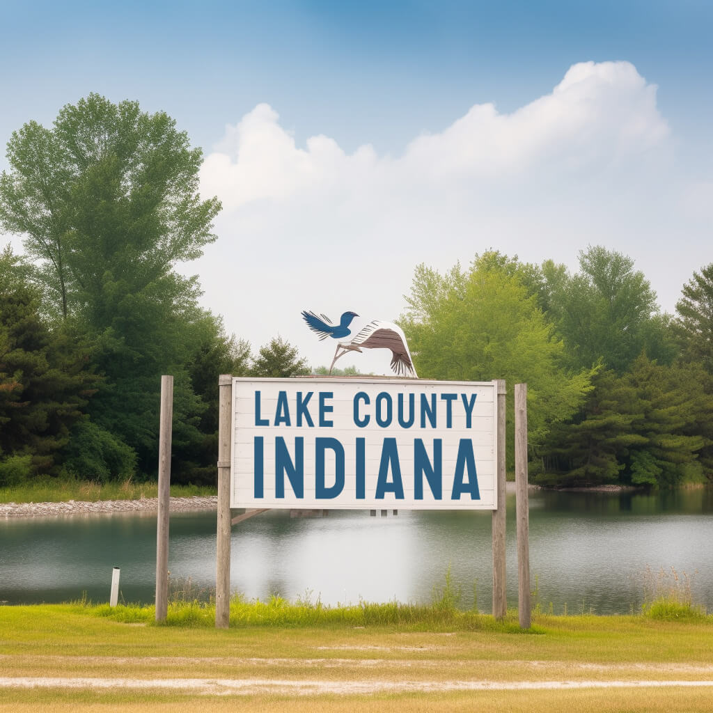 Entrance sign to Lake County, Indiana, featuring the county name and an illustration of a flying bird, with a beautiful lake and greenery in the background, encapsulating the county's serene environment