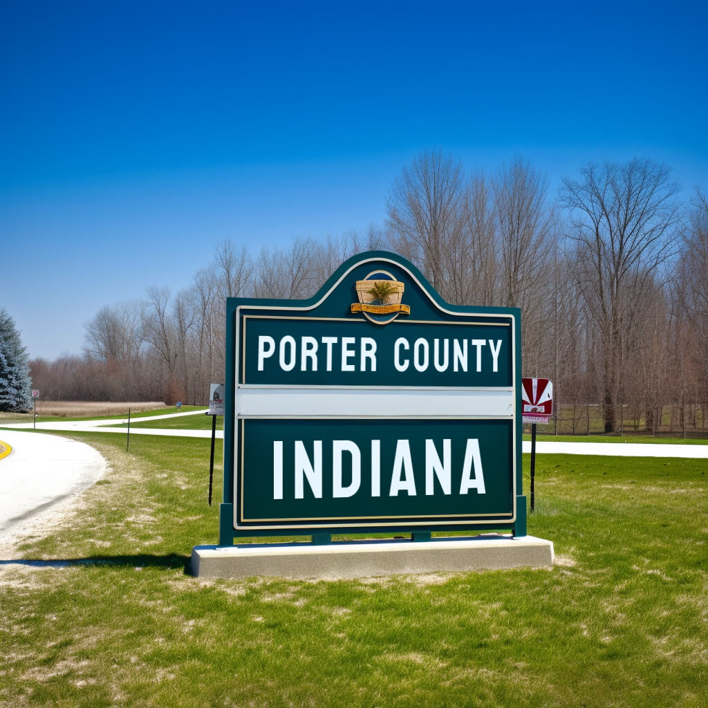 Welcome sign for Porter County, Indiana, with a traditional emblem, set against a clear sky and bare trees, embodying the county's spirit of welcoming growth and maintaining traditions