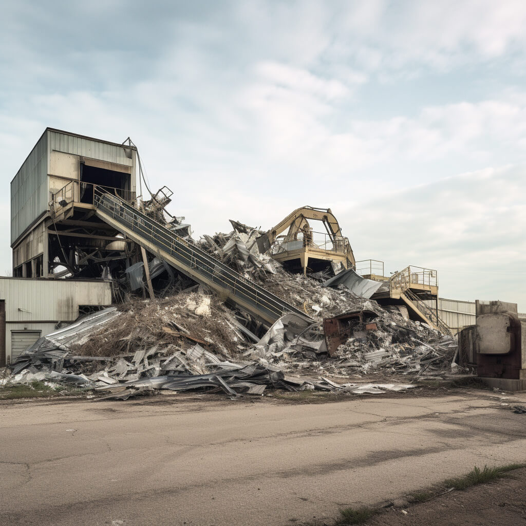 An industrial waste processing plant with mounds of scrap metal and machinery, illustrating the large-scale recycling efforts in Northwest Indiana