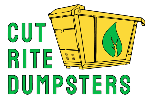 Logo of Cut Rite Dumpsters on a black background, featuring the company name in green uppercase letters above a stylized yellow dumpster with a green leaf design, symbolizing eco-friendly waste services